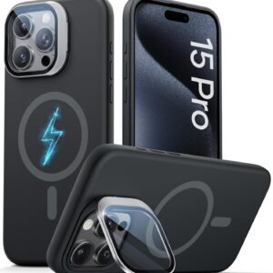 Vihibii for iPhone 15 Pro Case, [Compatible with MagSafe], Built-in Transparent Lens Cover & Camera Stand, Full-Body Shockproof Soft Silicone Rubber Phone Cover with Microfiber Lining, Black