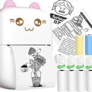 ZEITEL® Mini Bluetooth Thermal Printer, Portable Label Printer Inkfree Printer for Android & iOS System, Black on White Thermal Printer with 10 Roll of Print Paper, Stickers, Pink