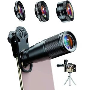 A Apexel Phone Lens Kit 6 in 1, 22X Telephoto Lens, 205 ° Fisheye Lens