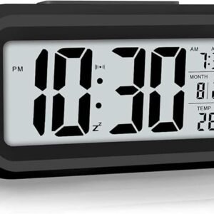 AERYS Digital Alarm Clock with Automatic Sensor, Date and Temperature Display, Compact Desk Table Clock for Students, Home, Office, Bedroom, Living Room,Home Decor, Corporate Use (Black Digital)