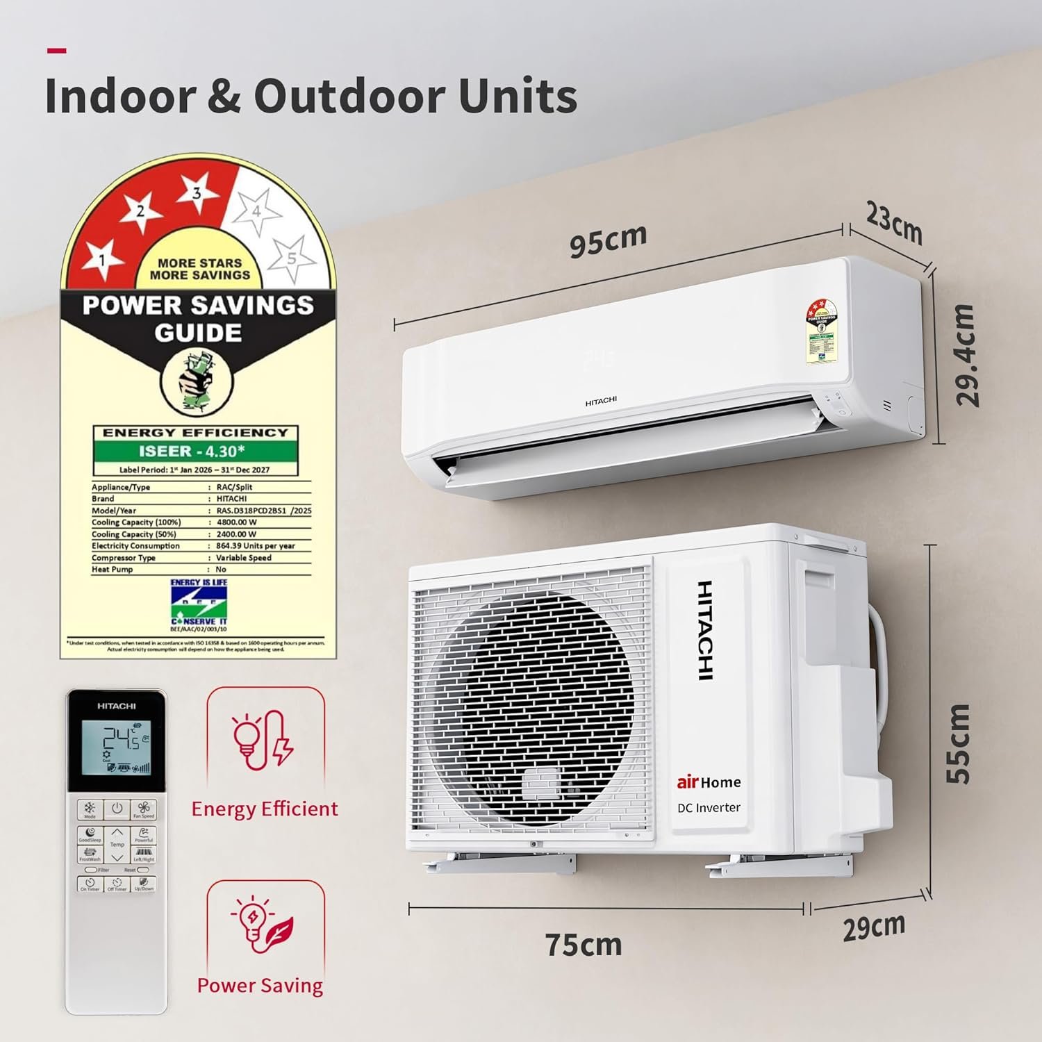 Hitachi 1.5 Ton 3 Star, New Star rated, Inverter Split AC(Copper, Smart View Display, 4 Way Swing,RAS.D318PCD2BS1, White) - Image 2