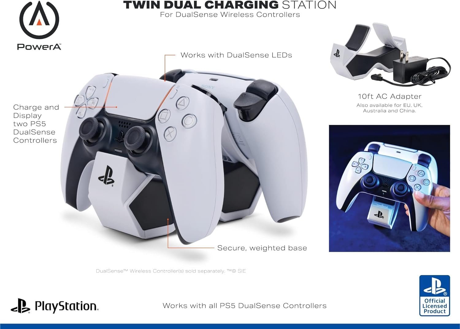 PowerA Twin Charging Station for PS5 DualSense and DualSense Edge Wireless Controllers, AC Adaptor Included, with LED Indicator, Vertical Dual Controller Fast Charging Dock (Officially Licensed) - Image 8