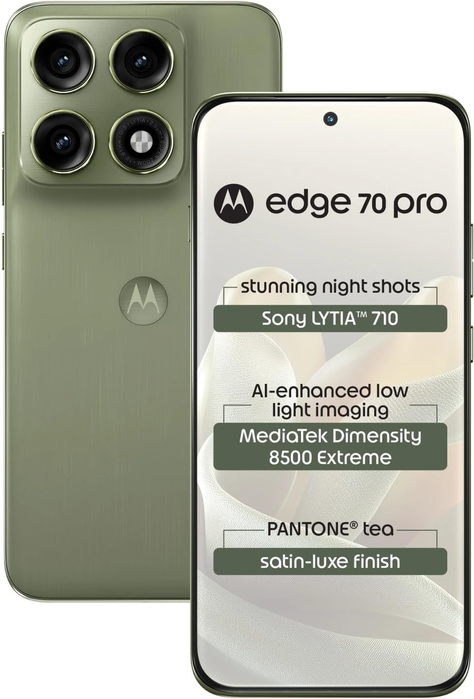 Motorola Edge 70 Pro (Satin-Luxe Pantone Tea Green, 8GB RAM, 256GB Storage) | Dimensity 8500 Extreme Processor | 50MP Dual Camera | 50MP Selfie | 6.8” FHD+ Display | 6500mAh Battery | 5G Smartphone