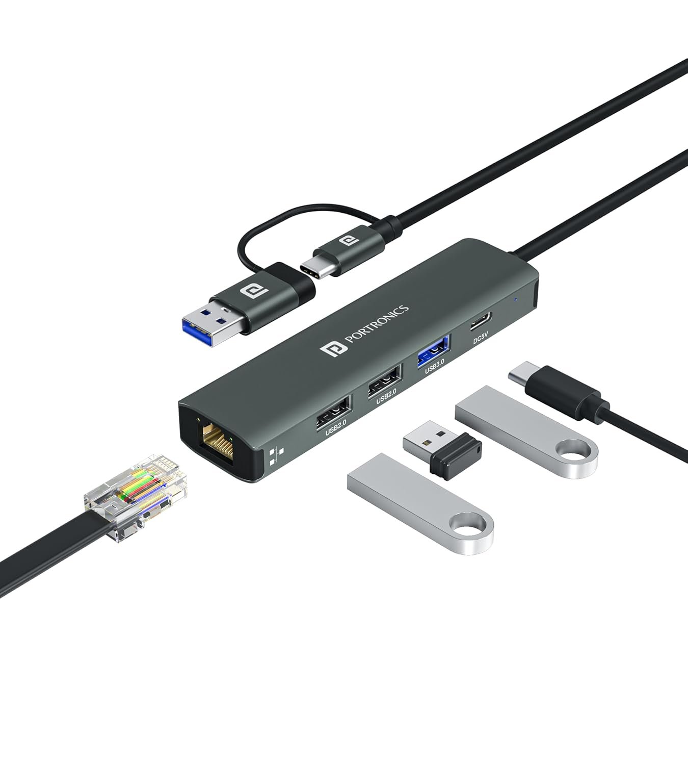 Portronics Mport Edge,5 Ports Dual USB Hub Dock, Superfast USB 3.0