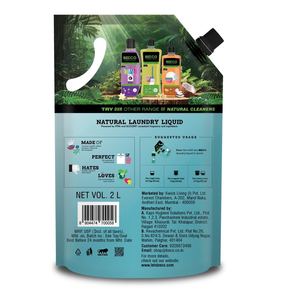 Beco Natural Liquid Detergent Top Load - 2L Refill Pack - Image 2