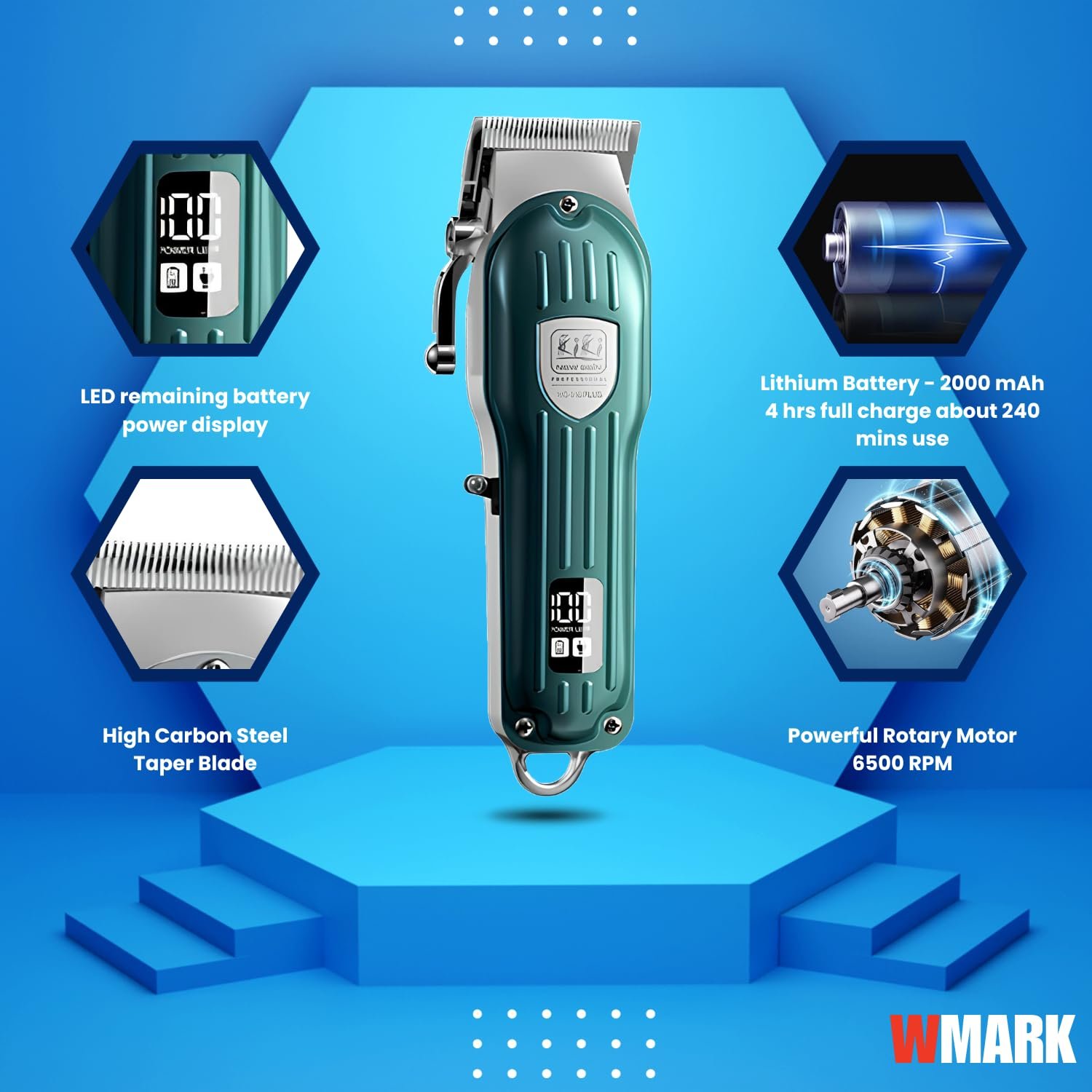 NG-116 PLUS Salon Series Professional Cordless Hair Clipper Digital Display 6500 RPM Powerful rotary Motor High Carbon steel 4 Guide Comb Taper Lever Adjustment Runtime: 240 min, Green - Image 2