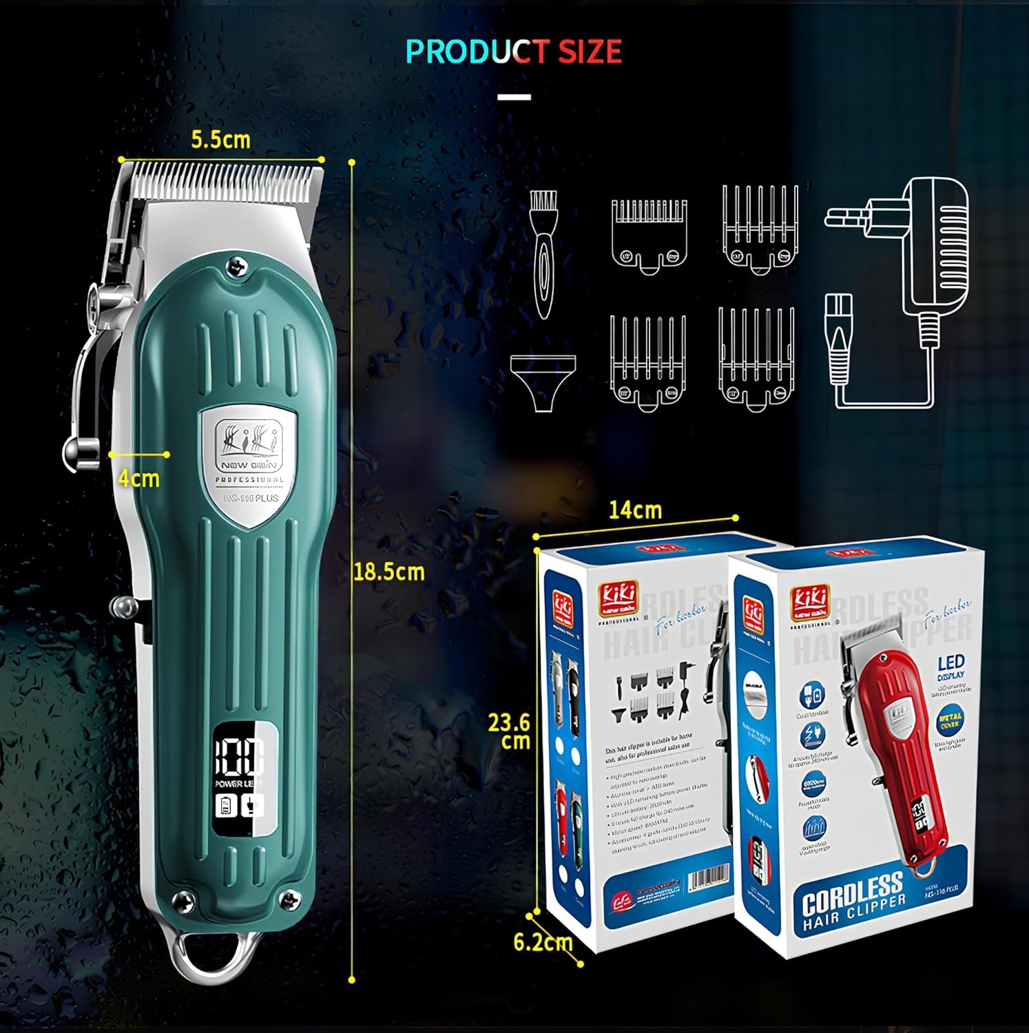 NG-116 PLUS Salon Series Professional Cordless Hair Clipper Digital Display 6500 RPM Powerful rotary Motor High Carbon steel 4 Guide Comb Taper Lever Adjustment Runtime: 240 min, Green - Image 6