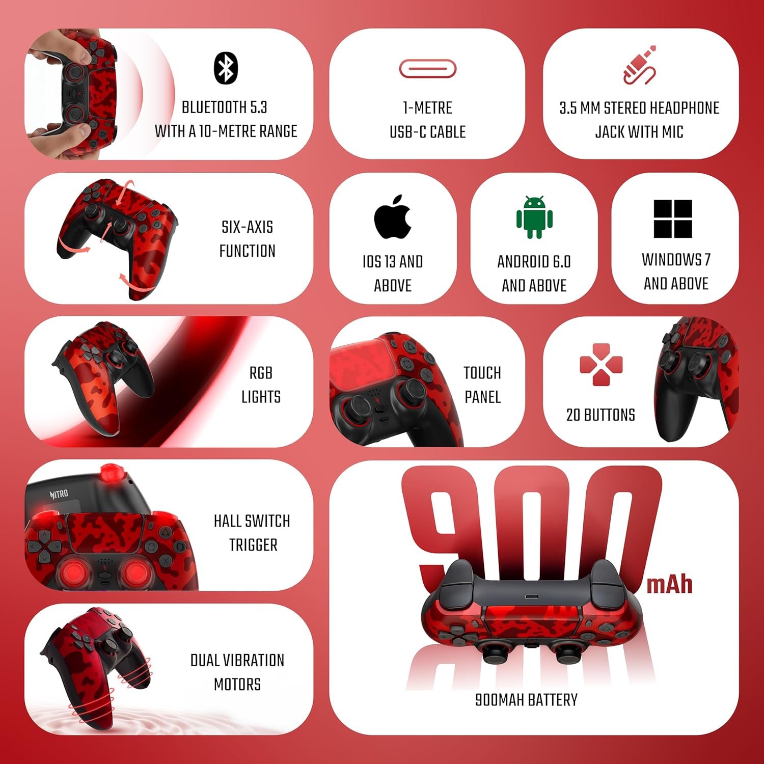 acer Nitro Katana NT-02 Wireless Multi-Platform Game Controller | Bluetooth 5.3 | Touchpad & Built-in Speaker | Dual Vibration | MR/ML Programmable Buttons | Hall Triggers | Switch/PC/Android/iOS/PS4 - Image 2
