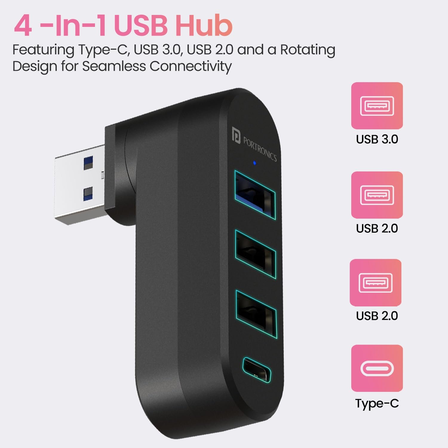 Portronics MPort Spin 4-in-1 USB Hub Dock with Type-C, USB 3.0 Super Speed - Image 4