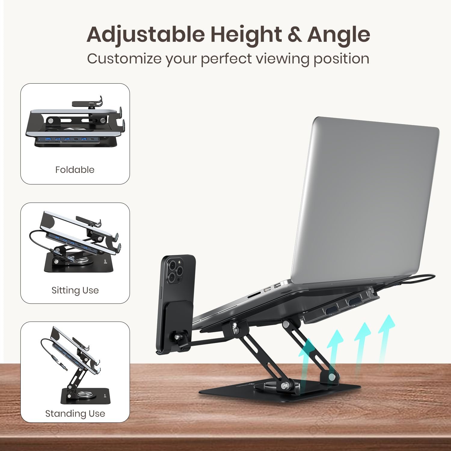 Portronics My Buddy K9 Pro Max, Adjustable Laptop Stand with 6-in-1 USB Hub - Image 4