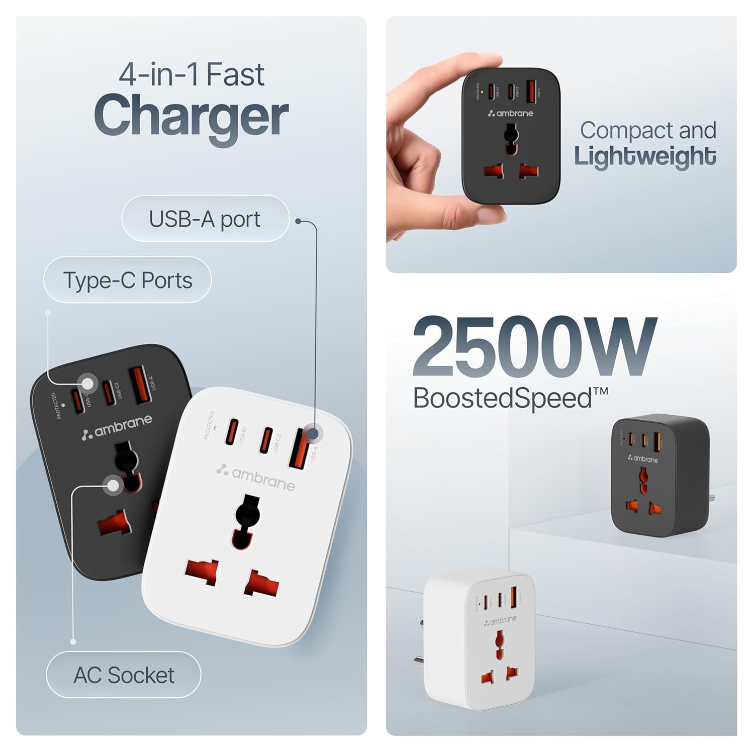 Ambrane 33W Fast Charging MultiPort Wall Adapter with Universal 2500W AC Socket - Image 4