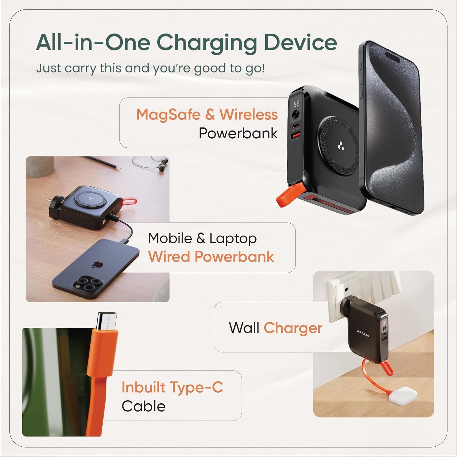 Ambrane 4-in-1 Powerbank, Magsafe Wireless, 65W Fast Charging 15000mAh - Image 6